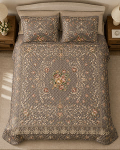 Overhead view of Antique Taupe Floral Medallion Printed Silk 3 Piece bedding set