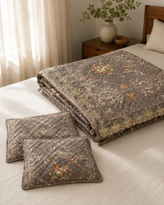 Folded Antique Taupe Floral Medallion Printed Silk bedspread with two pillow covers