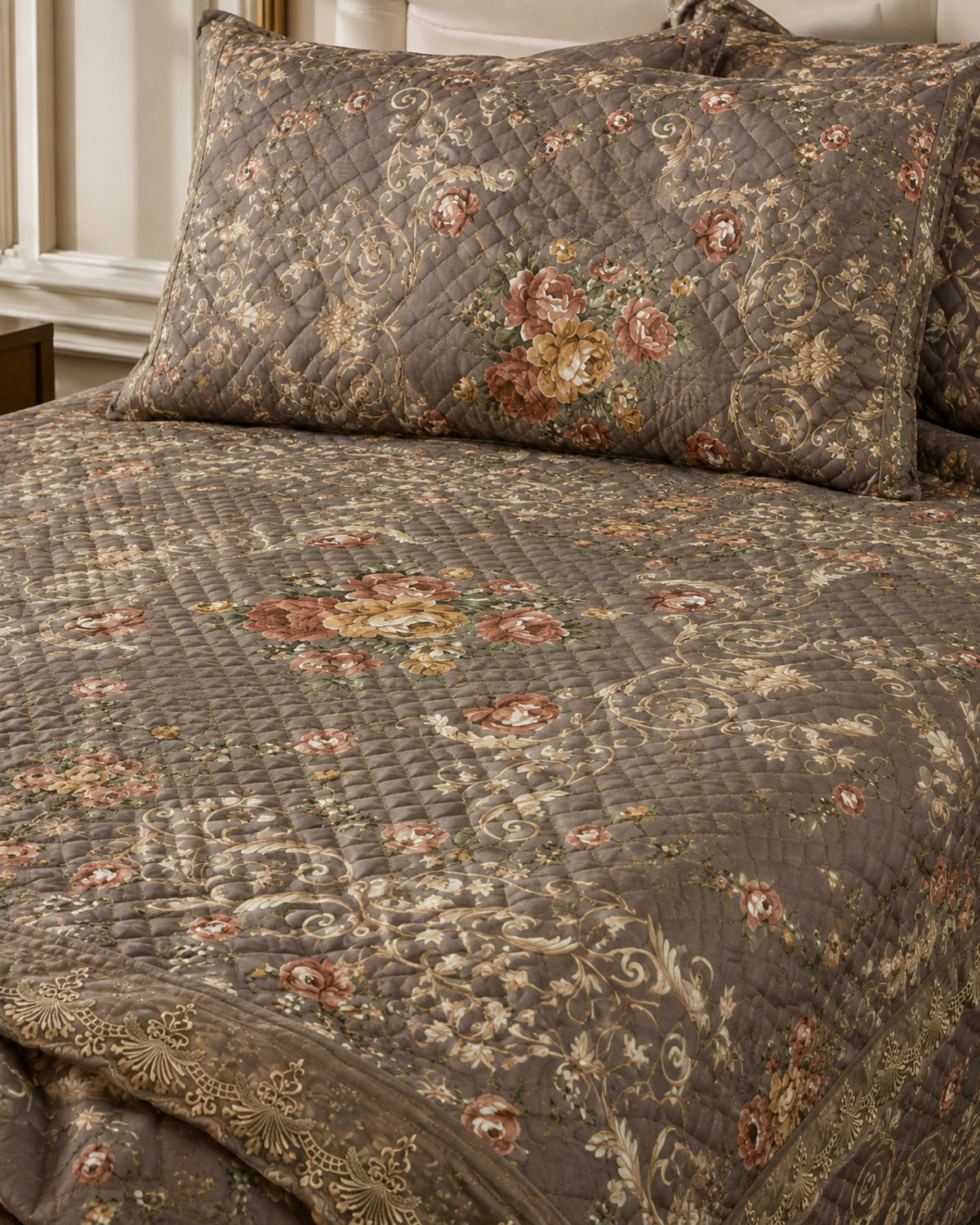 Close fabric and border detail of Antique Taupe Floral Medallion Printed Silk bedding
