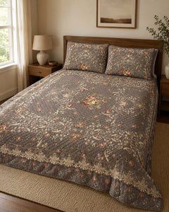 Side angle lifestyle view of Antique Taupe Floral Medallion Printed Silk bedding set