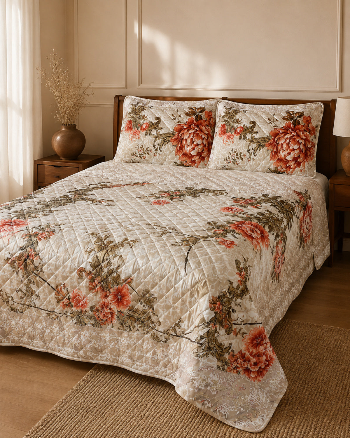 Ivory Rust Bloom Printed Silk 3 Piece bedding set styled on a bed