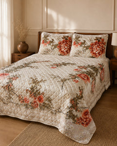 Ivory Rust Bloom Printed Silk 3 Piece bedding set styled on a bed