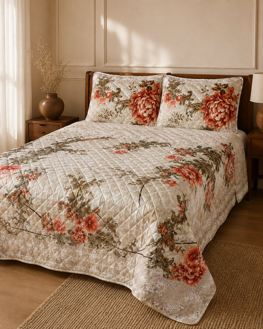 Ivory Rust Bloom Printed Silk 3 Piece bedding set styled on a bed