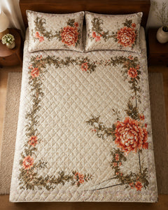 Overhead view of Ivory Rust Bloom Printed Silk 3 Piece bedding set
