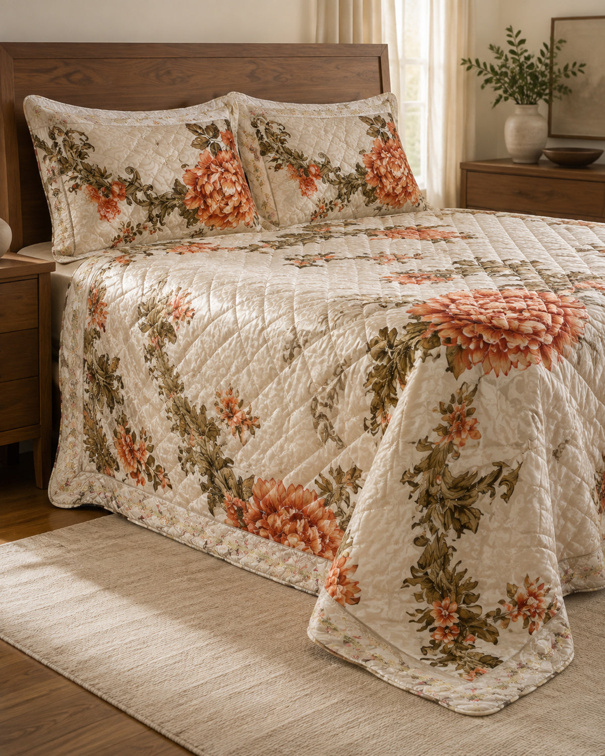 Side angle lifestyle view of Ivory Rust Bloom Printed Silk bedding set
