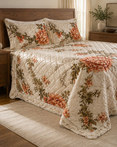 Side angle lifestyle view of Ivory Rust Bloom Printed Silk bedding set