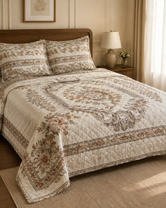 Ivory Rosewood Border Printed Silk 3 Piece bedding set styled on a bed