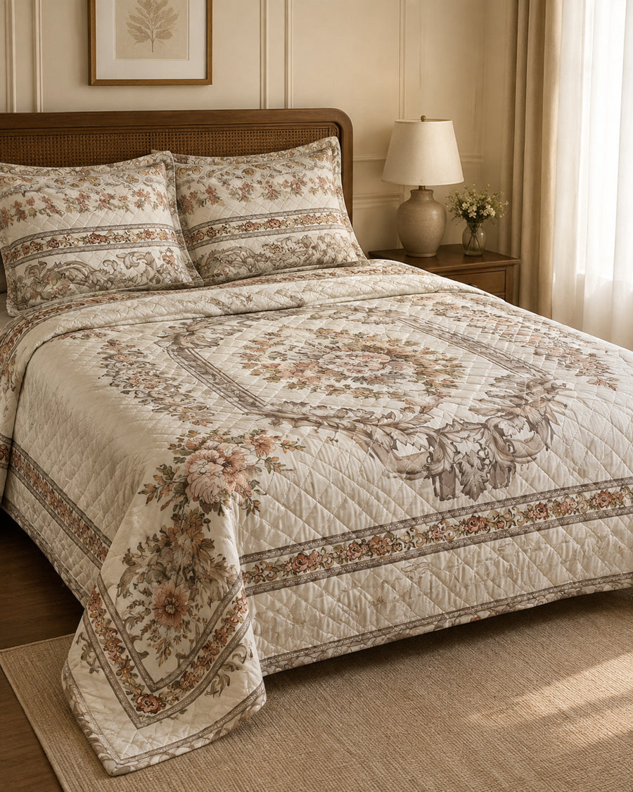 Ivory Rosewood Border Printed Silk 3 Piece bedding set styled on a bed