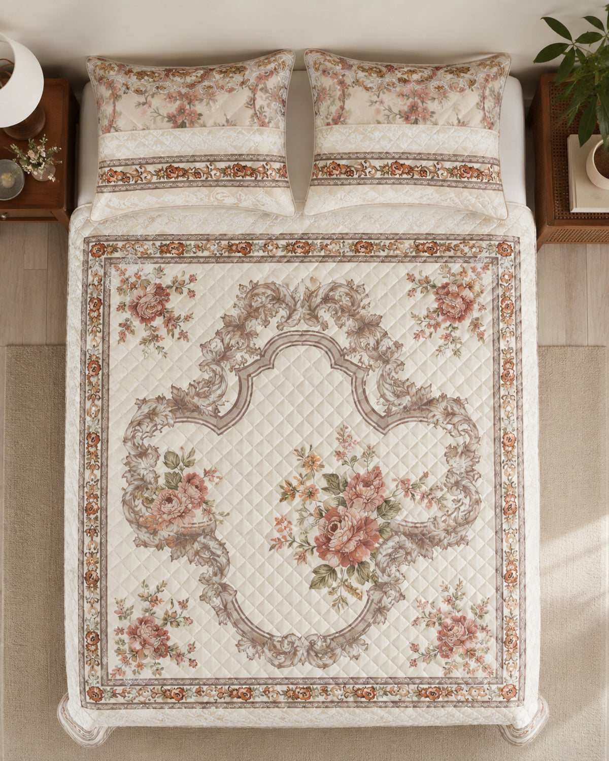 Overhead view of Ivory Rosewood Border Printed Silk 3 Piece bedding set