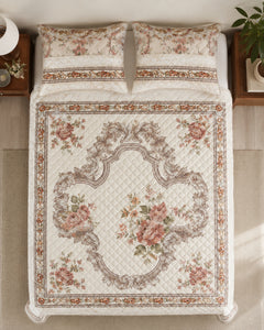 Overhead view of Ivory Rosewood Border Printed Silk 3 Piece bedding set
