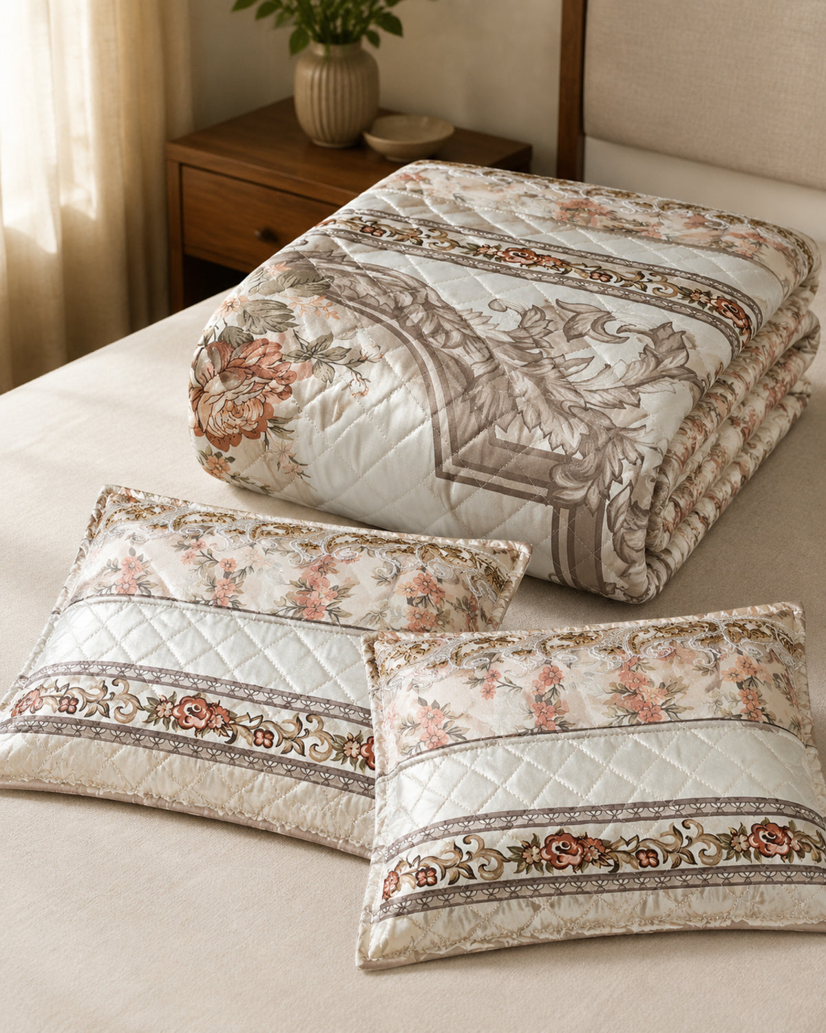 Folded Ivory Rosewood Border Printed Silk bedspread with two pillow covers