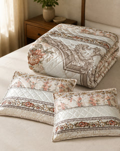 Folded Ivory Rosewood Border Printed Silk bedspread with two pillow covers