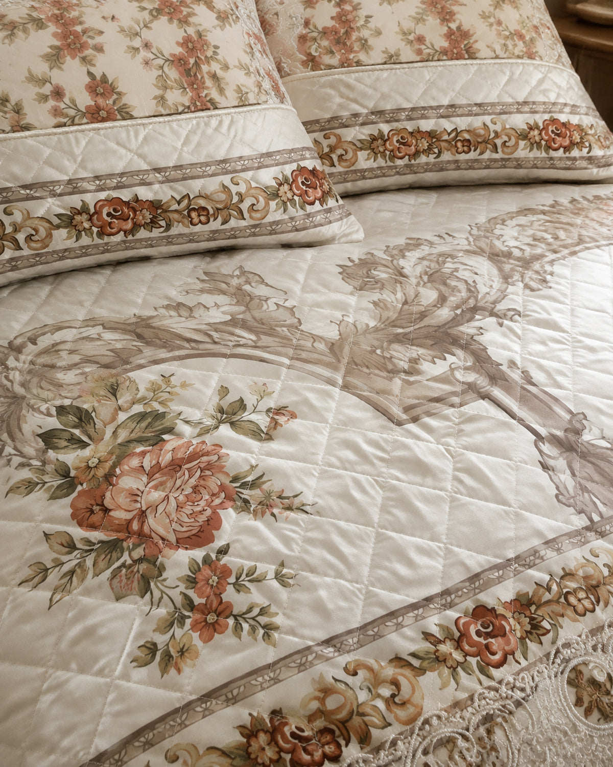Close fabric and border detail of Ivory Rosewood Border Printed Silk bedding