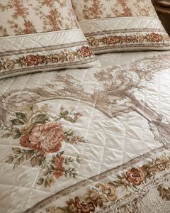 Close fabric and border detail of Ivory Rosewood Border Printed Silk bedding