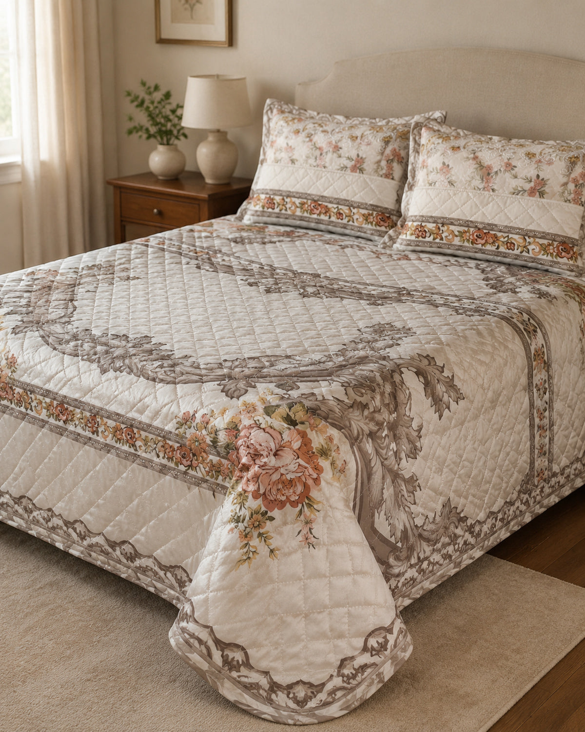 Side angle lifestyle view of Ivory Rosewood Border Printed Silk bedding set