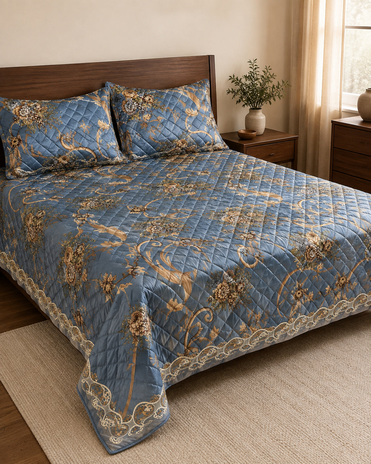 Steel Blue Gilded Scroll Printed Silk 3 Piece bedding set styled on a bed