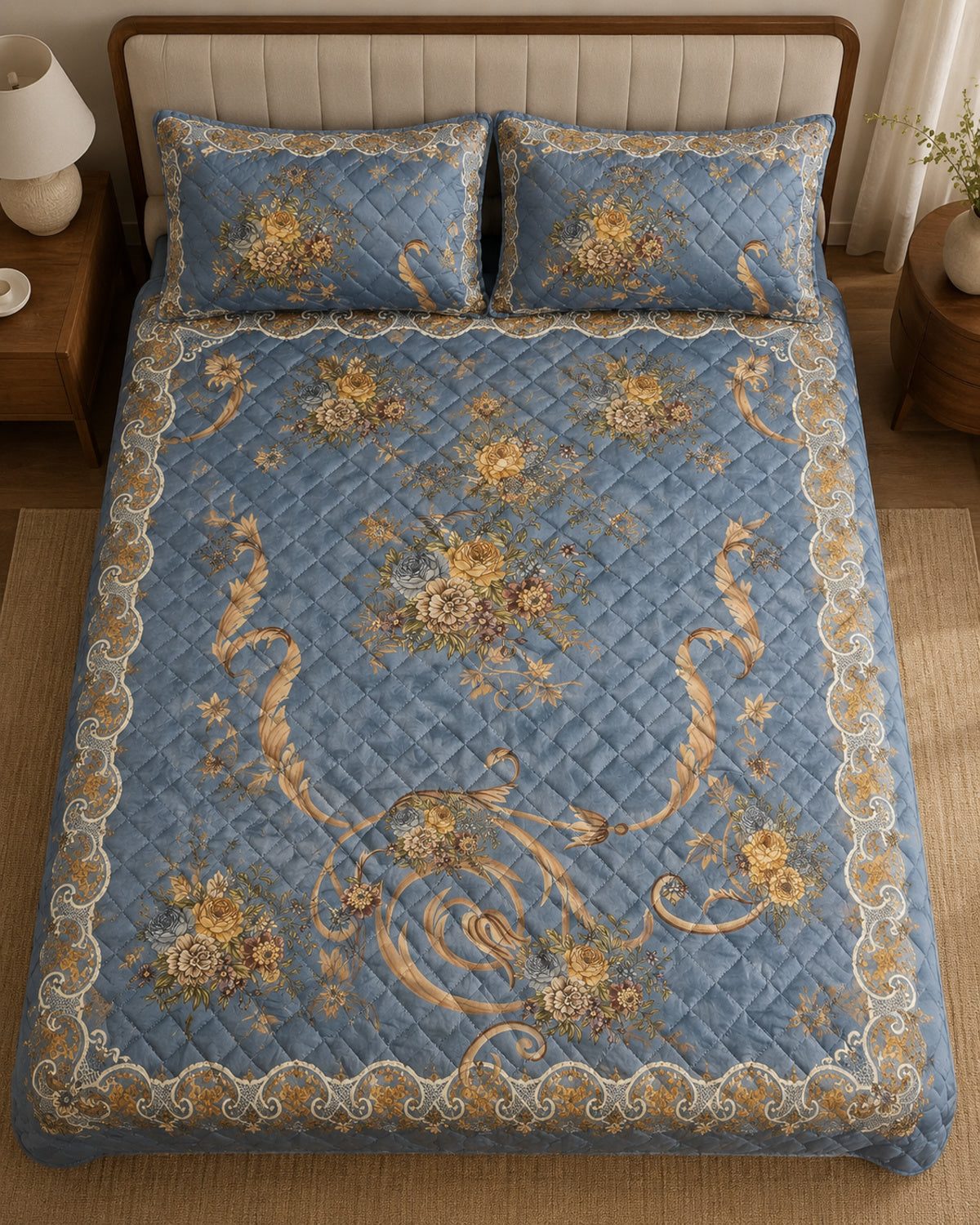 Overhead view of Steel Blue Gilded Scroll Printed Silk 3 Piece bedding set