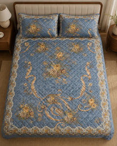 Overhead view of Steel Blue Gilded Scroll Printed Silk 3 Piece bedding set
