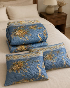 Folded Steel Blue Gilded Scroll Printed Silk bedspread with two pillow covers