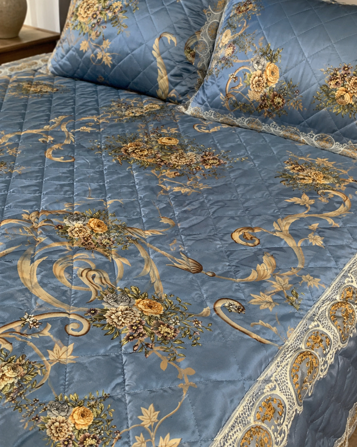 Close fabric and border detail of Steel Blue Gilded Scroll Printed Silk bedding