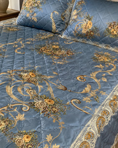 Close fabric and border detail of Steel Blue Gilded Scroll Printed Silk bedding