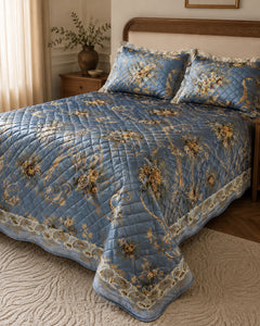 Side angle lifestyle view of Steel Blue Gilded Scroll Printed Silk bedding set