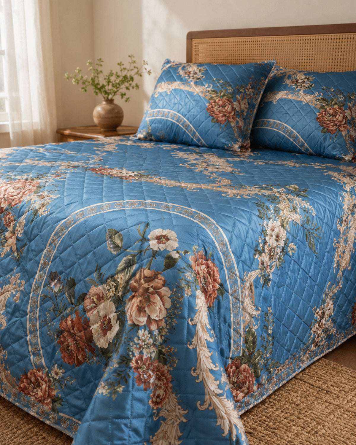 Close-up of sapphire printed silk quilting, floral medallion bands and trim