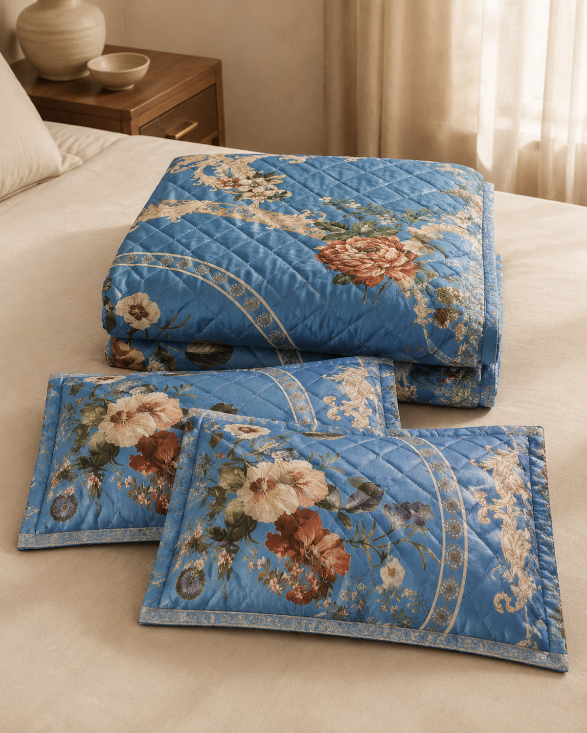 Folded sapphire floral medallion printed silk three-piece bedspread set