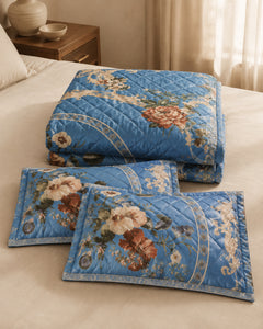 Folded sapphire floral medallion printed silk three-piece bedspread set