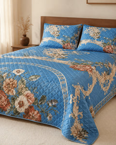 Sapphire floral medallion printed silk three-piece bedspread set styled on a bed