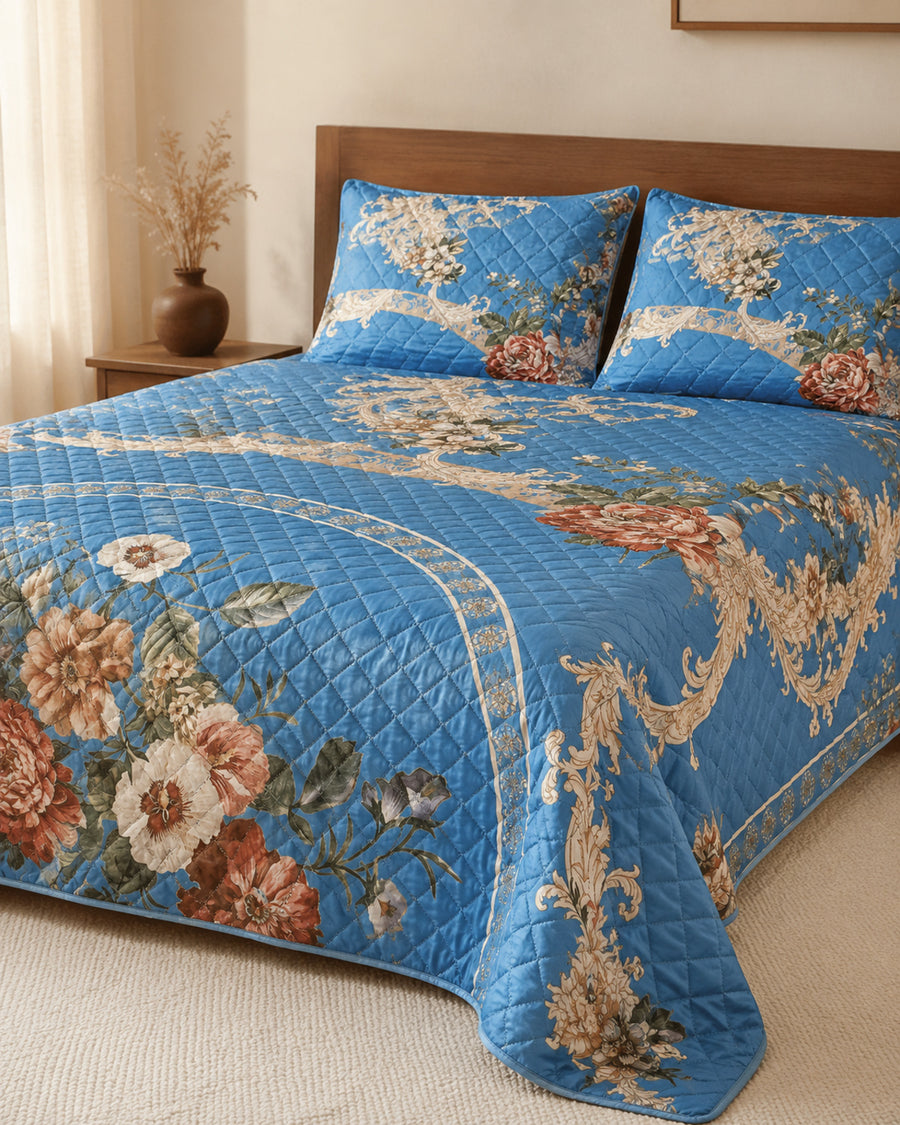 Sapphire floral medallion printed silk three-piece bedspread set styled on a bed