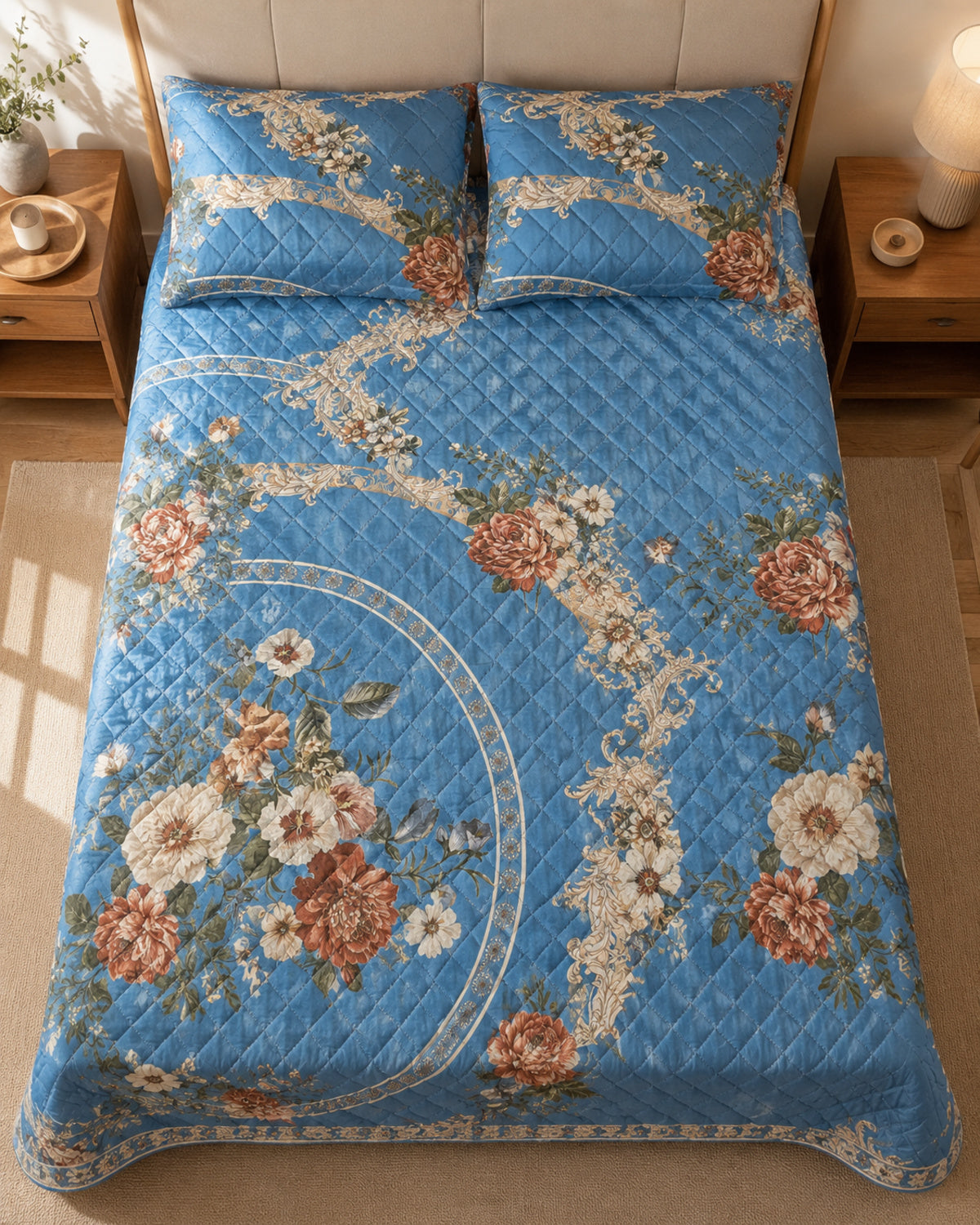 Overhead view of sapphire floral medallion printed silk bedspread and pillow covers