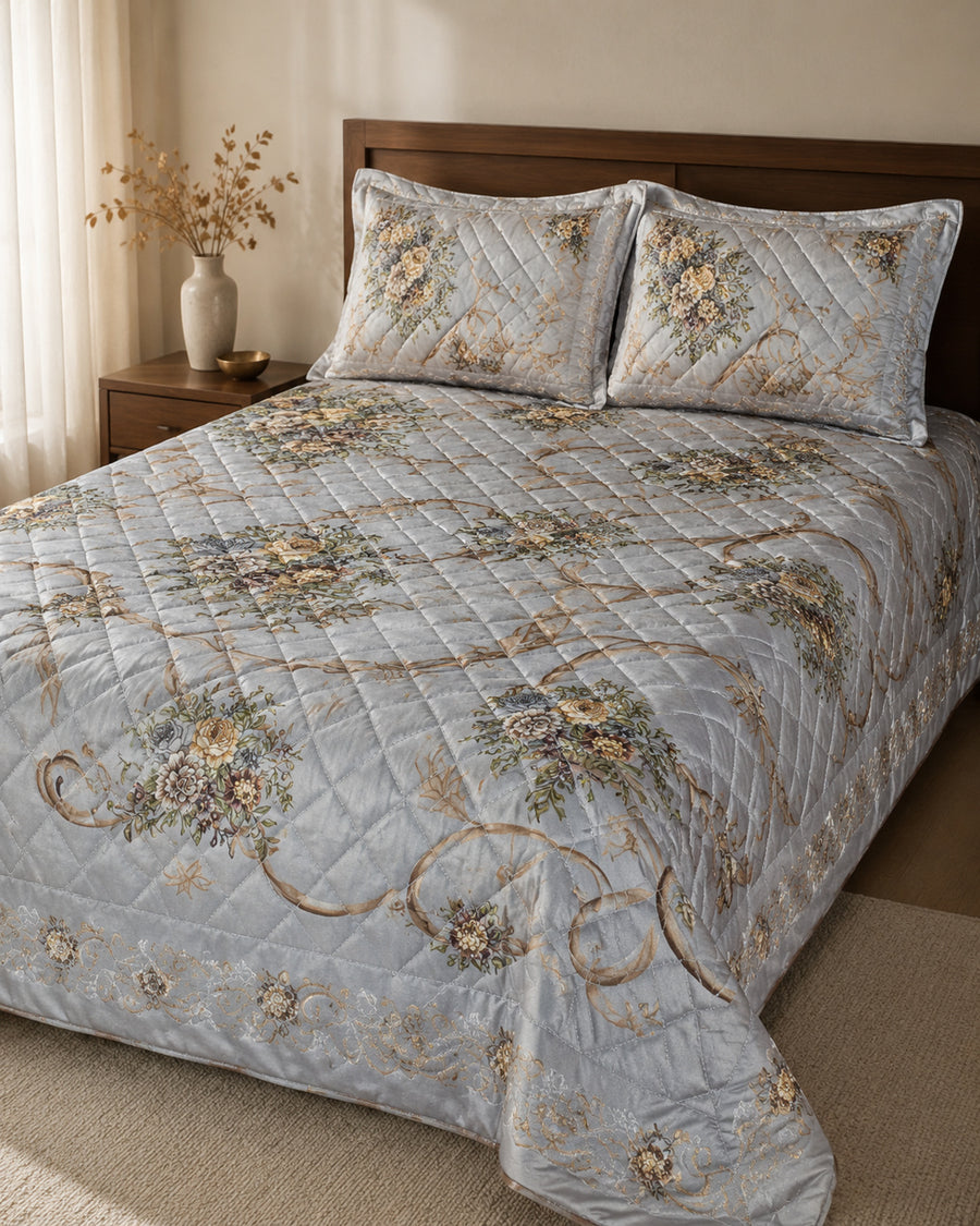 Silver Grey Gilded Scroll Printed Silk 3 Piece bedding set styled on a bed