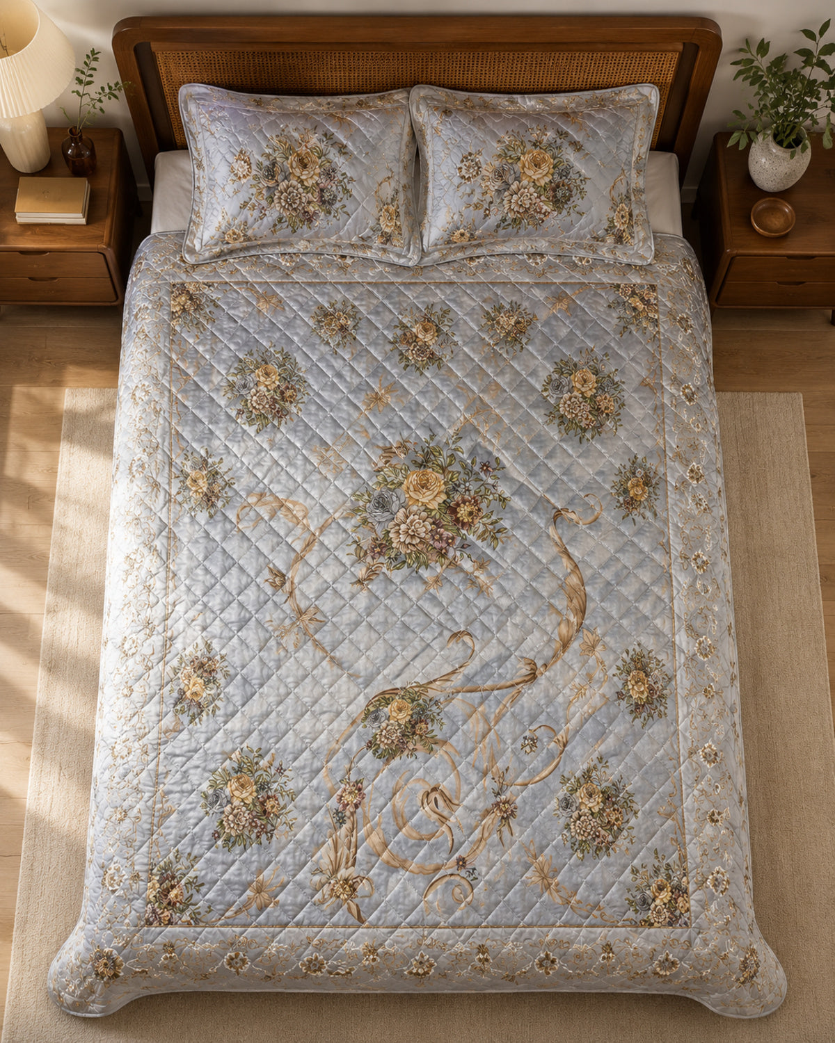 Overhead view of Silver Grey Gilded Scroll Printed Silk 3 Piece bedding set