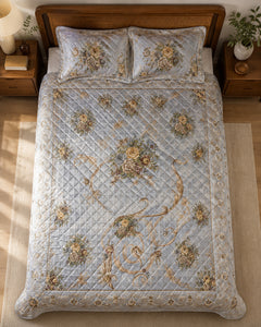 Overhead view of Silver Grey Gilded Scroll Printed Silk 3 Piece bedding set