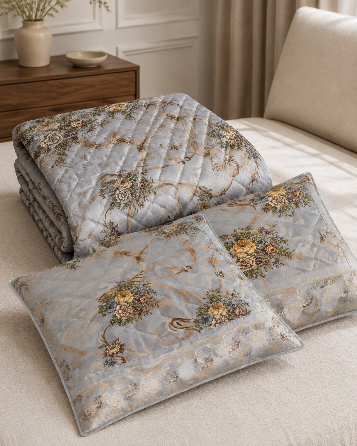 Folded Silver Grey Gilded Scroll Printed Silk bedspread with two pillow covers
