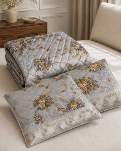 Folded Silver Grey Gilded Scroll Printed Silk bedspread with two pillow covers