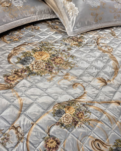 Close fabric and border detail of Silver Grey Gilded Scroll Printed Silk bedding