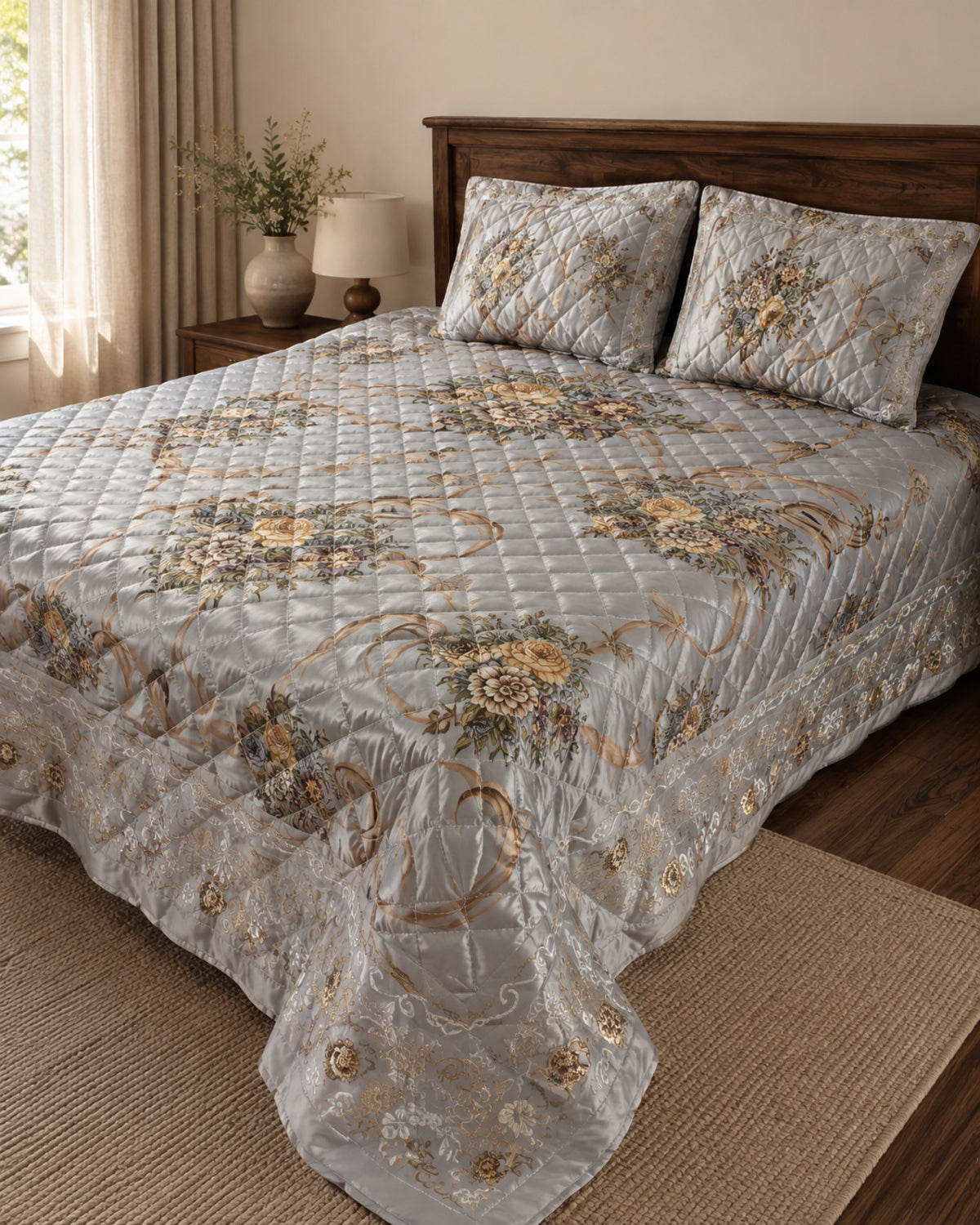 Side angle lifestyle view of Silver Grey Gilded Scroll Printed Silk bedding set