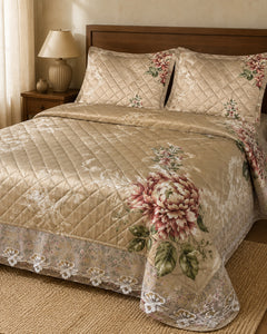 Taupe rose botanical printed silk three-piece bedspread set styled on a bed