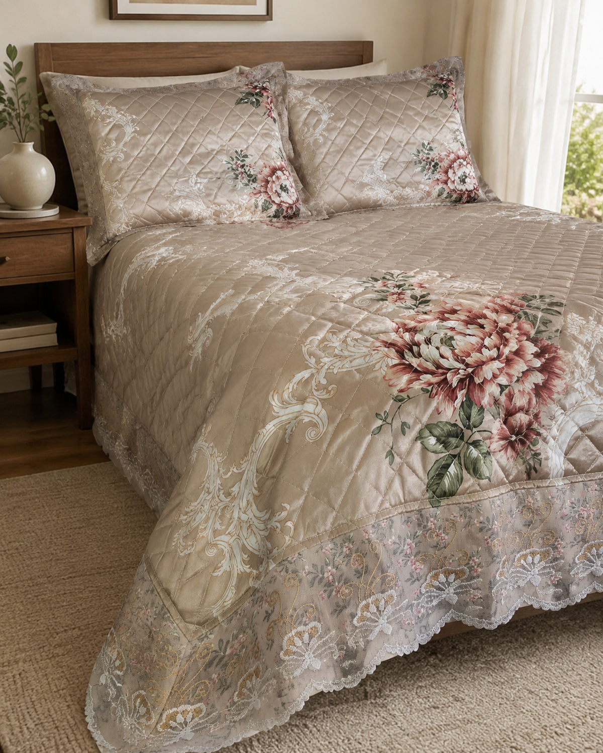 Side-angle view of taupe rose botanical printed silk bedspread set