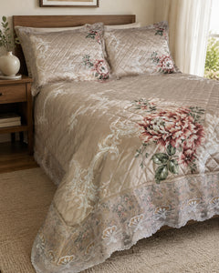 Side-angle view of taupe rose botanical printed silk bedspread set