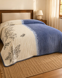 Blue ivory floral panel Smartchoice AC comforter styled on a bed