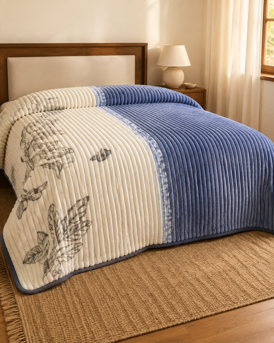 Blue ivory floral panel Smartchoice AC comforter styled on a bed