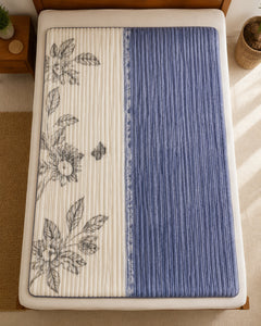 Overhead view of blue ivory floral panel Smartchoice AC comforter
