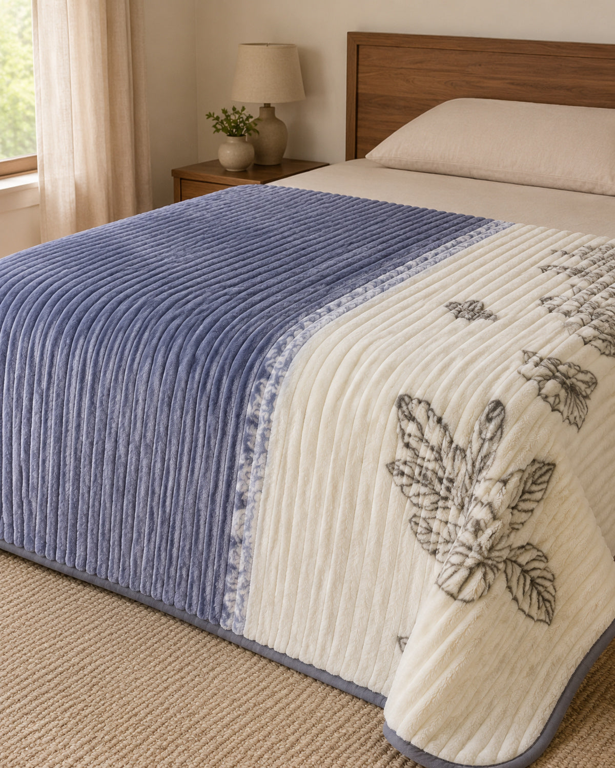Side-angle view of blue ivory floral panel Smartchoice AC comforter