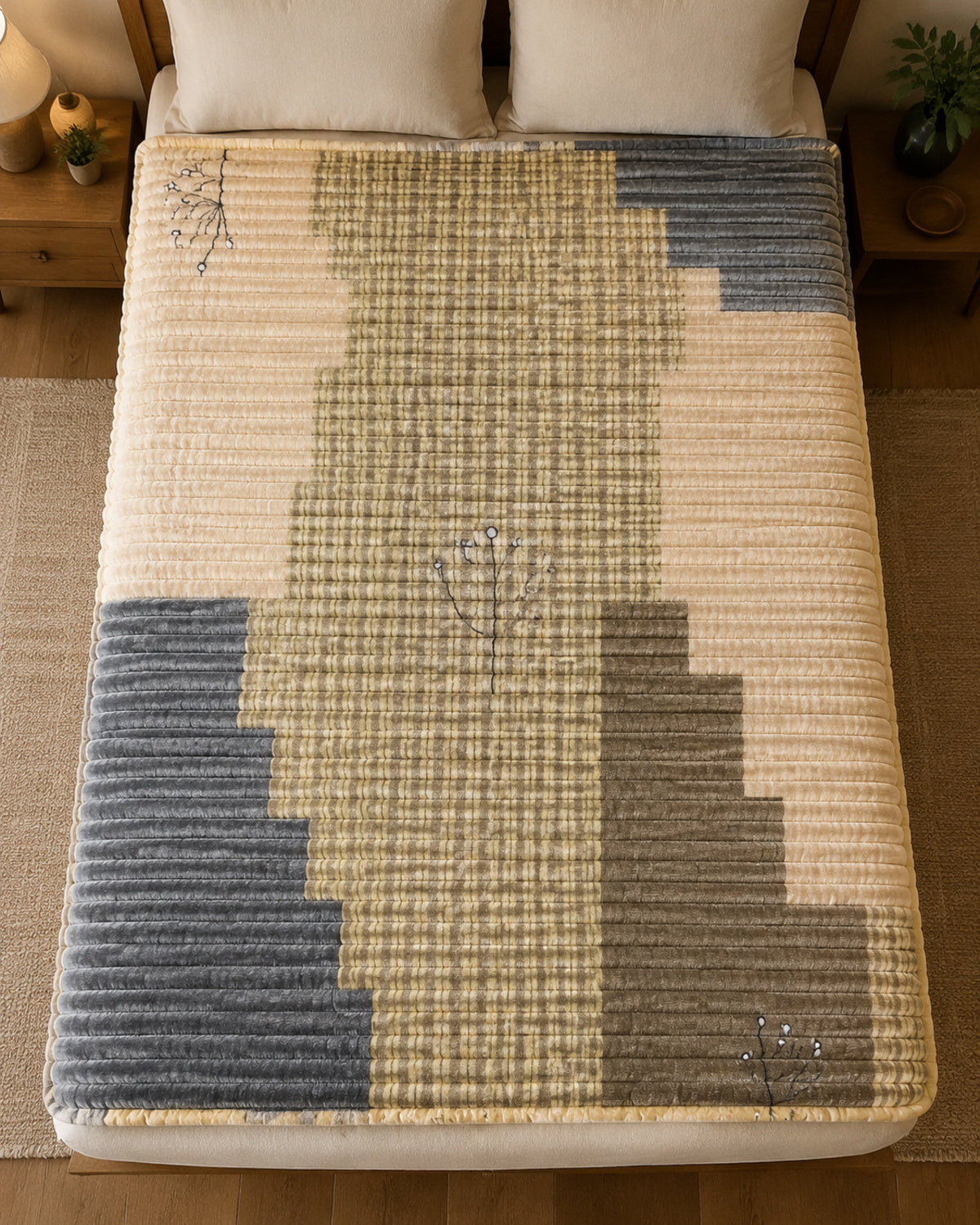 Overhead view of beige gridline Smartchoice AC comforter