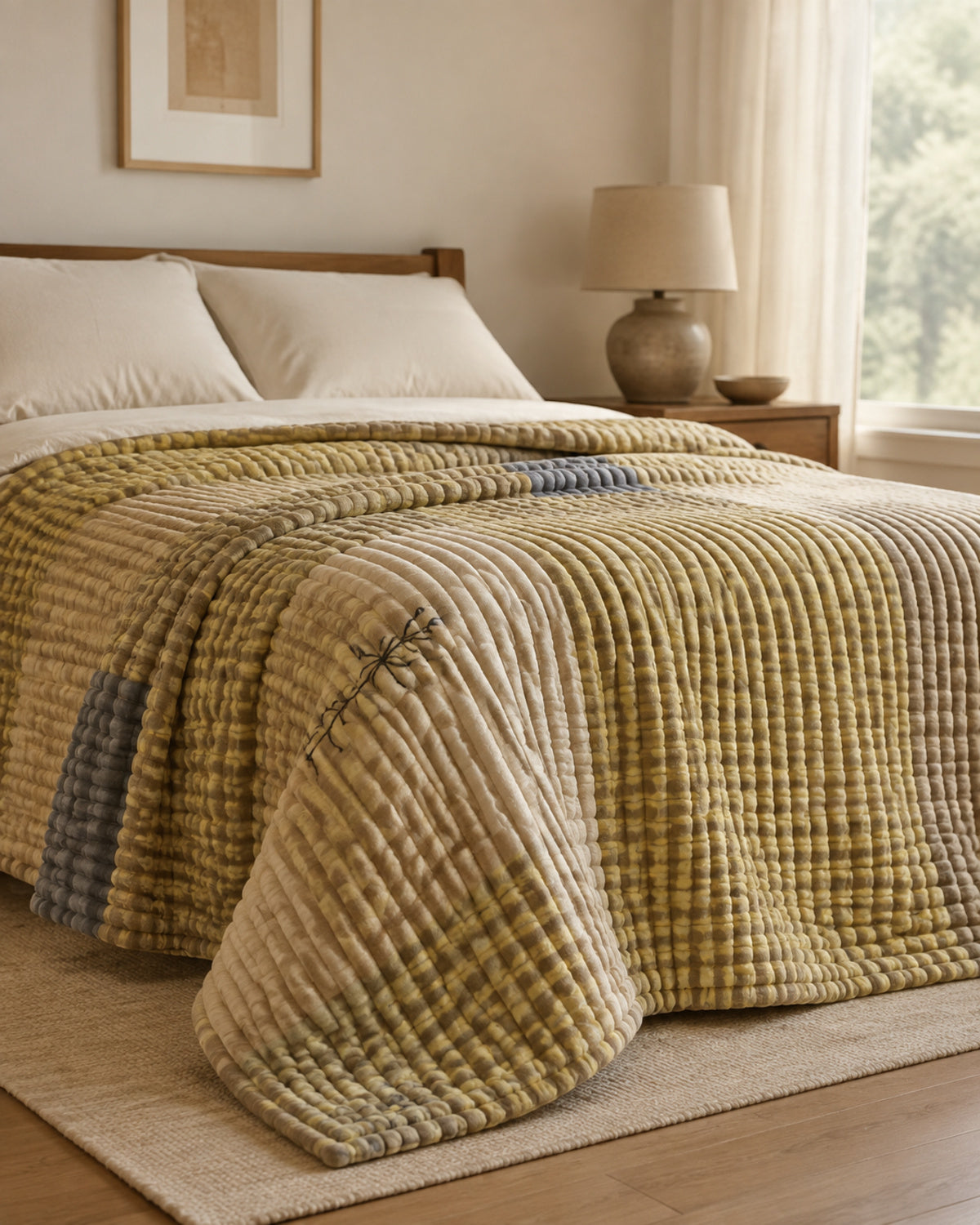 Side-angle view of beige gridline Smartchoice AC comforter