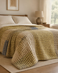 Side-angle view of beige gridline Smartchoice AC comforter