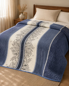 Blue ivory panel Smartchoice AC comforter styled on a bed